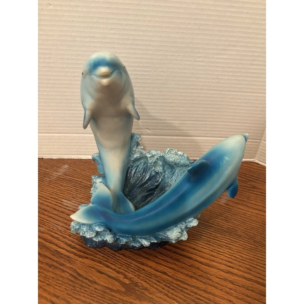Vintage Resin 2 Dolphins Jumping Waves Water Sculpture 9
